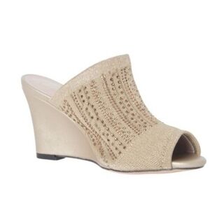 Lauren Lorraine Martha Elegant Gold Rhinestones Stretch Wedge Sandals Size 9 NIB